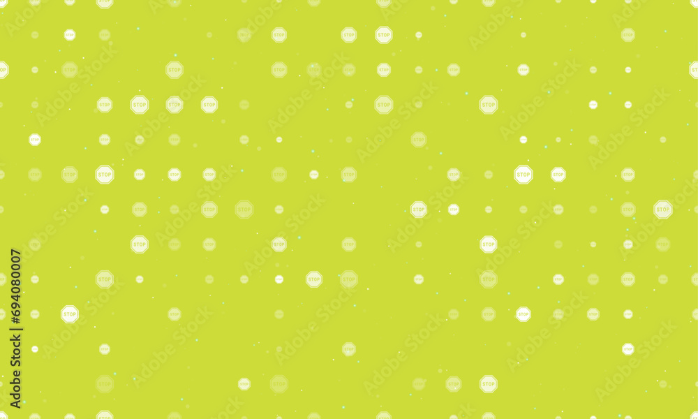 Seamless background pattern of evenly spaced white stop road signs of different sizes and opacity. Vector illustration on lime background with stars Seamless background pattern of evenly spaced white stop road signs of different sizes and opacity. Vector illustration on lime background with stars
