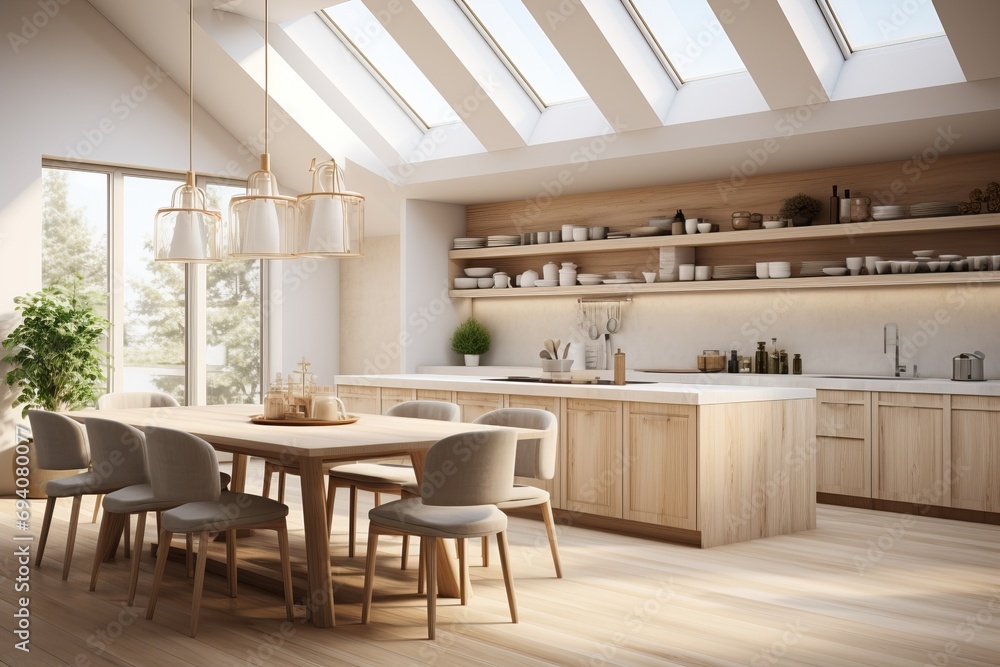 Scandinavian kitchen flooded with natural light through large windows Scandinavian kitchen flooded with natural light through large windows