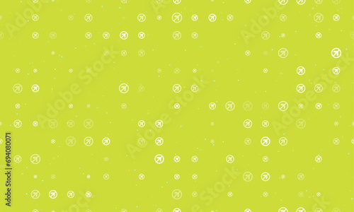 Seamless background pattern of evenly spaced white no left turn signs of different sizes and opacity. Vector illustration on lime background with stars