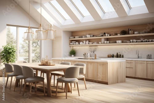 Scandinavian kitchen flooded with natural light through large windows