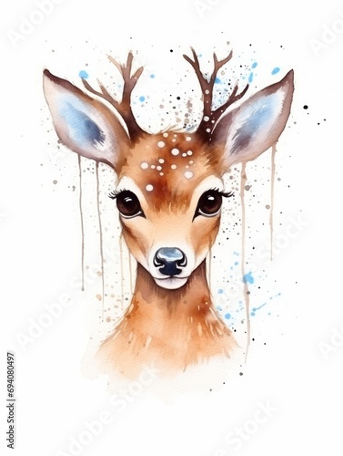 Watercolor portrait of a cute deer isolated on a white background. Generative AI