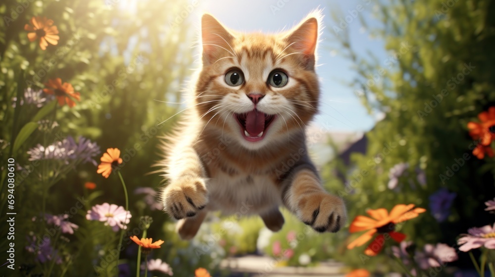Cute cat jumping in a summer meadow towards the camera, happy, joy, 3d rendering Cute cat jumping in a summer meadow towards the camera, happy, joy, 3d rendering