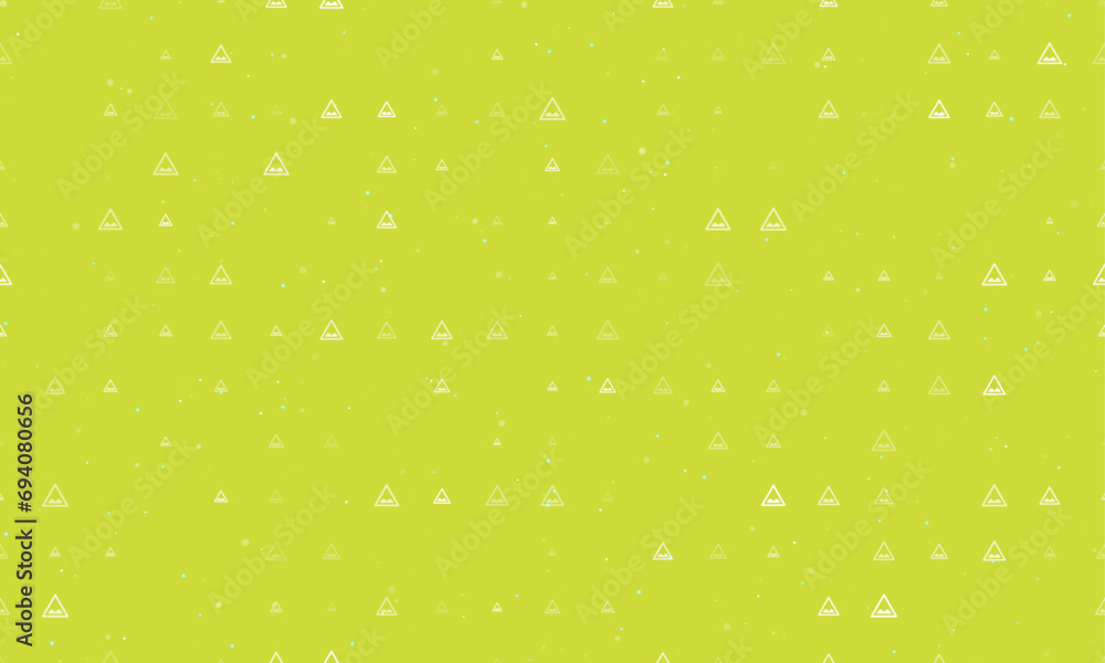 Seamless background pattern of evenly spaced white rough road signs of different sizes and opacity. Vector illustration on lime background with stars