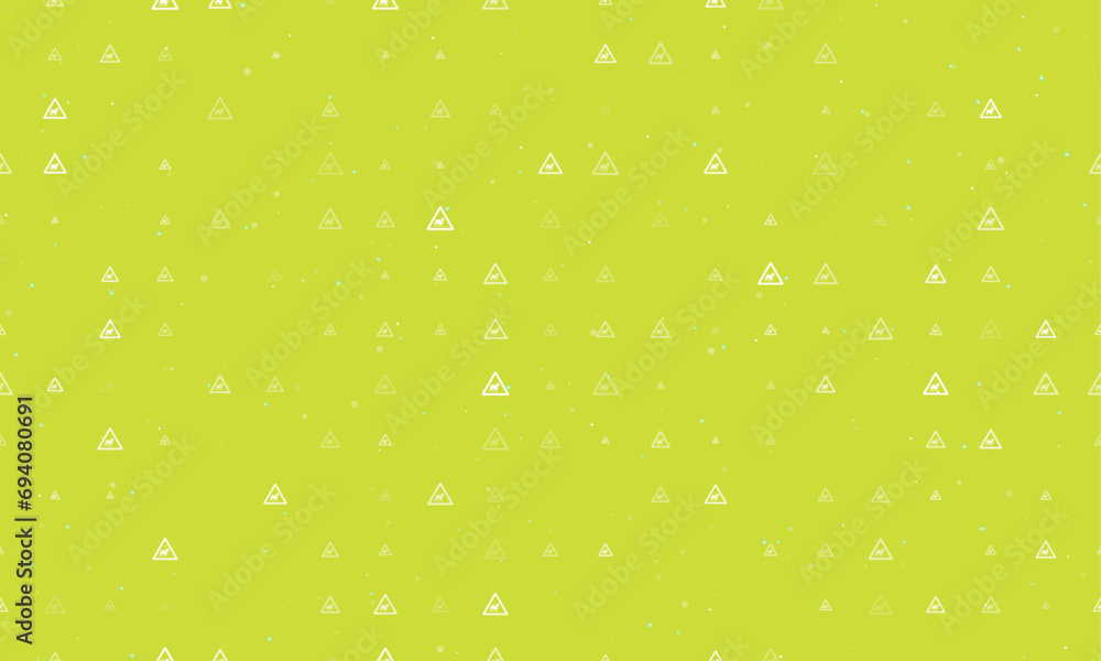 Seamless background pattern of evenly spaced white pets road signs of different sizes and opacity. Vector illustration on lime background with stars