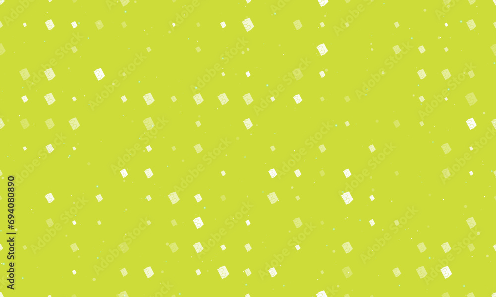 Seamless background pattern of evenly spaced white magic book symbols of different sizes and opacity. Vector illustration on lime background with stars