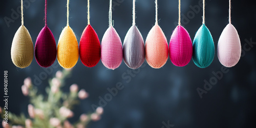 Colorful Easter eggs hanging on ribbons. Easter holiday frame with eggs on pastel gray  background.AI Generative 