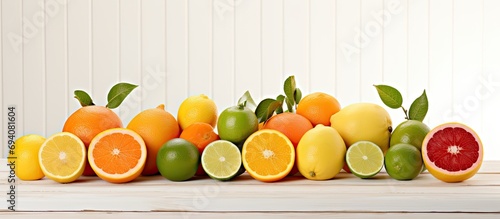 An assortment of vibrant citrus fruits, like limes, tangelos, oranges, lemons, and grapefruit, on display. photo