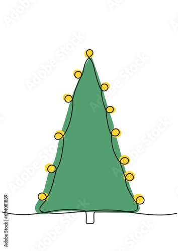 Green vector Christmas tree with garland in one line minimalist style