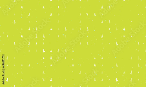 Seamless background pattern of evenly spaced white rockets of different sizes and opacity. Vector illustration on lime background with stars