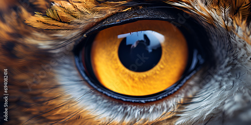 closeup shot of the eye of a eurasian eagle owl in daytime Close up macro photo of the Short eared Owls eye. AI Generative  photo