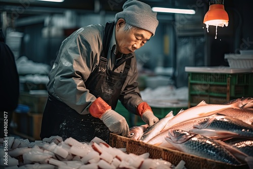 A traditional fresh fish market in Tokyo.