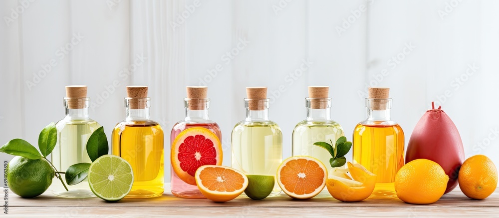 Assorted citrus scents. Natural aromatherapy. Fresh slices of various fruits, essential oils in glass bottles on wooden table. Blank craft label. Assorted citrus scents. Natural aromatherapy. Fresh slices of various fruits, essential oils in glass bottles on wooden table. Blank craft label.