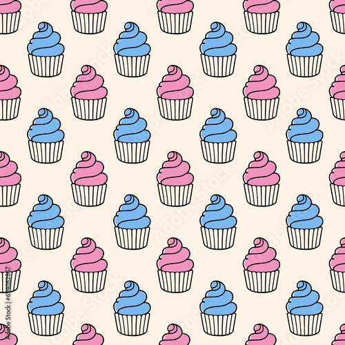 Cute cupcakes with cream seamless pattern background.