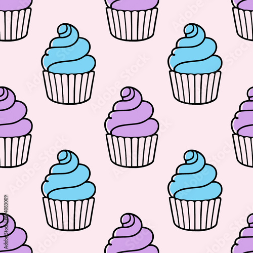Cute cupcakes with cream seamless pattern background.