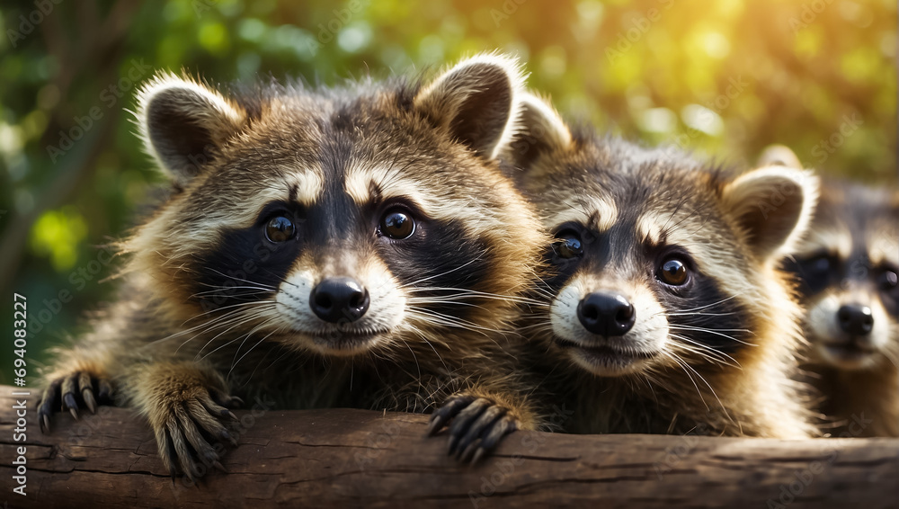 Many cute fluffy raccoons in nature
