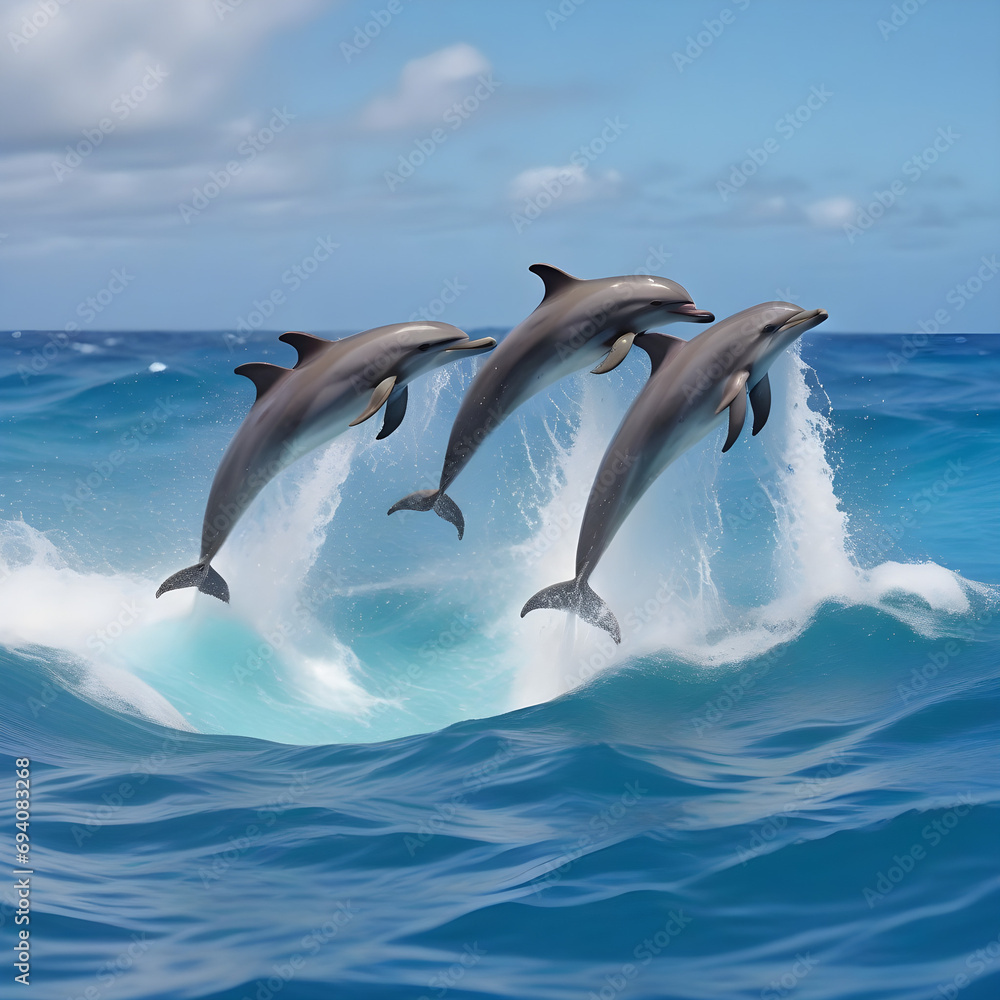 Fototapeta premium Playful dolphins jumping over breaking waves. Hawaii Pacific Ocean wildlife scenery. Marine animals in natural habitat.