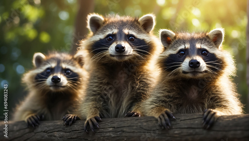 Many cute fur raccoons in nature