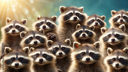 Many cute fluffy raccoons in nature banner