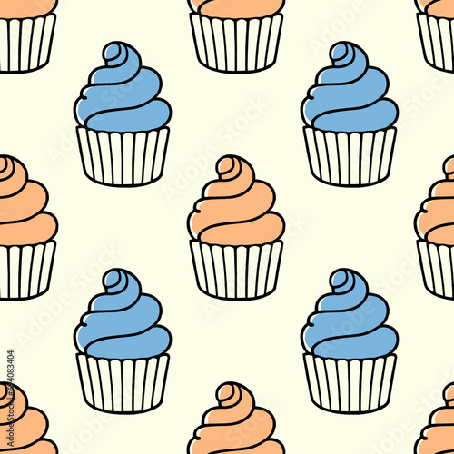 Cute cupcakes with cream seamless pattern background.