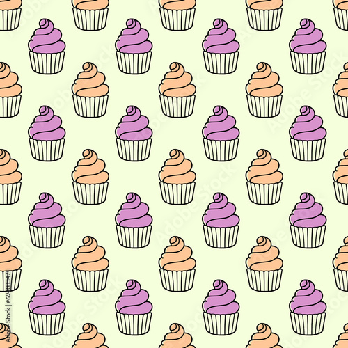Cute cupcakes with cream seamless pattern background.