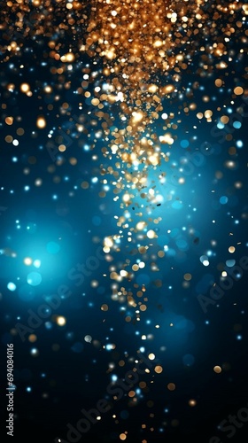 Falling golden glitter on dark blue background with copy space. Golden Bokeh of Lights. Defocused light with dark blue background. Sparkle bokeh. Festive card