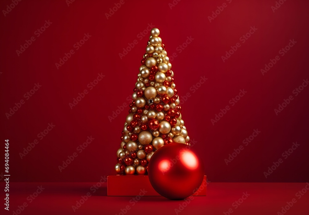 Side view of 3D Christmas tree with gold and red baubles on red background.Christmas banner with space for your own content.