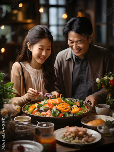 A father and daughter share a smile while enjoying a traditional Chinese New Year meal together.