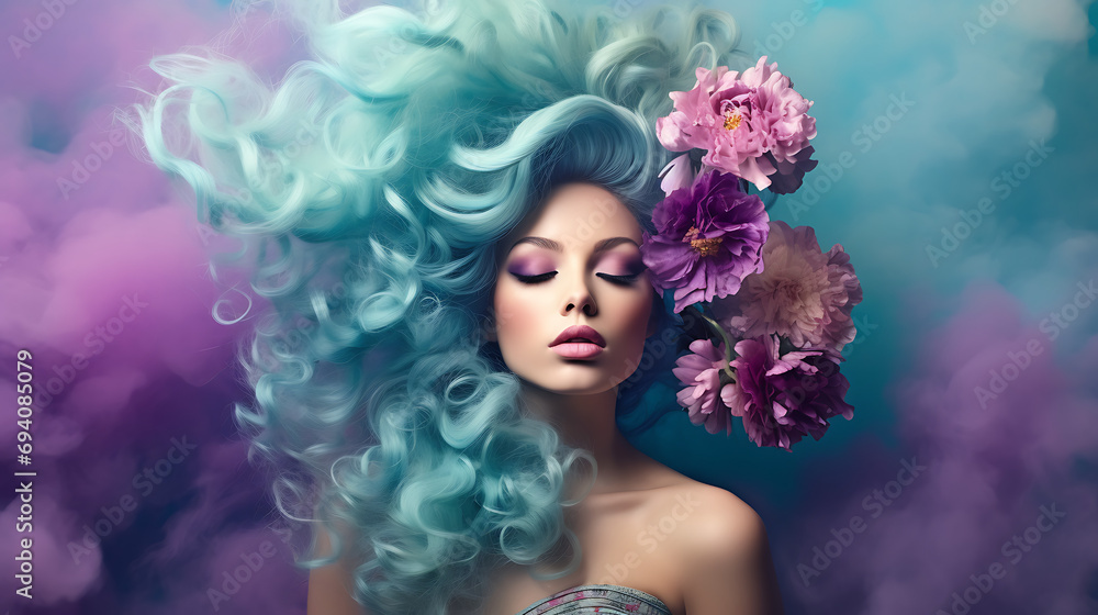 beautiful woman in purple smoke with flowers in her hair,