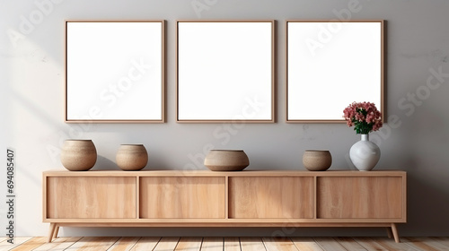 Elegancia Contemporánea: Mueble de Entrada con Cuadros Decorativos y Jarrones