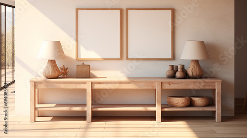 Calidez Doméstica: Interior con Muebles de Madera y Detalles Naturales - Mockup cuadro en blanco