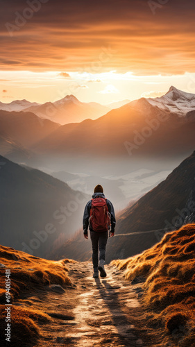 hiker in the Mountain landscape sunrise in autumn season © FrequentArt