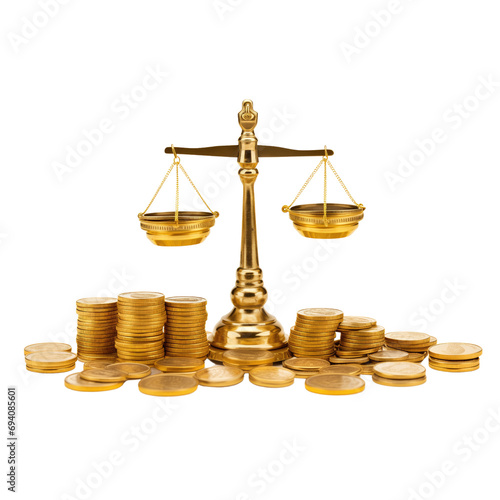 Scales of justice and gold coins isolated on transparent background.