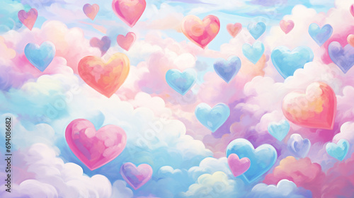 Love heart illustration, girly pastels, watercolor style, fluffy cloud hearts, gentle strokes, soft ethereal light, dreamlike, Lisa Frank, kawaii culture photo