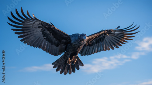Majestic bird in flight, mid-air motion, blue sky, sharp features, graceful flight mechanics photo