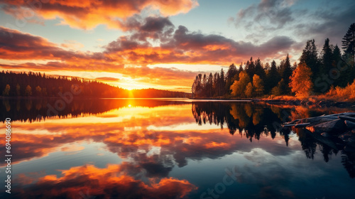 Majestic sunset over a tranquil lake, reflecting golden hues photo