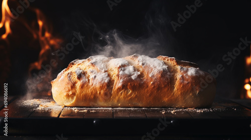 Homemade bread loaf, steam, cinematic lighting, dark background photo