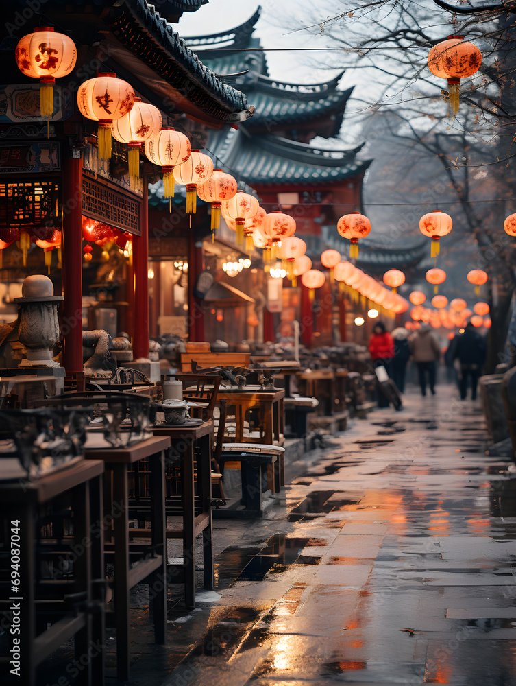 A rainy twilight sets a reflective mood in a lantern-lined traditional marketplace. A rainy twilight sets a reflective mood in a lantern-lined traditional marketplace.