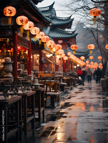 A rainy twilight sets a reflective mood in a lantern-lined traditional marketplace.