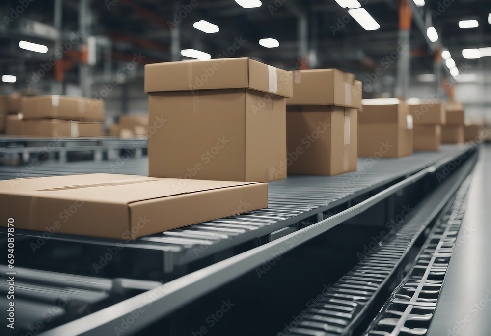 Conveyor belt in a distribution warehouse with row of cardboard box packages for e-commerce delivery Conveyor belt in a distribution warehouse with row of cardboard box packages for e-commerce delivery