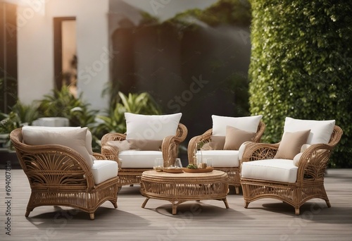 Collection Set of outdoor garden rattan straw couches armchairs cutouts single seat sofas photo