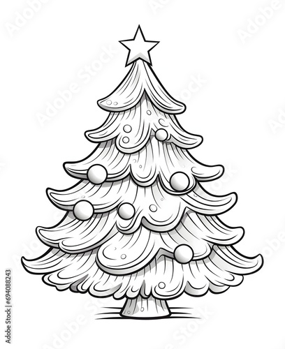 Christmas tree with baubles and star. Black and white coloring sheet. Xmas tree as a symbol of Christmas of the birth of the Savior.