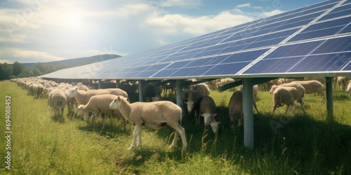 Modern farm, grazing goats and sheep under solar panel system