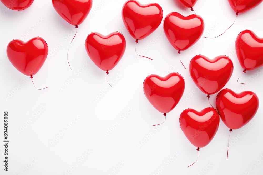 Red heart-shaped balloons on white background, Valentine's Day