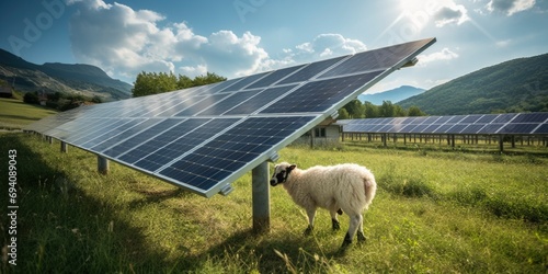Modern farm, grazing goats and sheep under solar panel system photo
