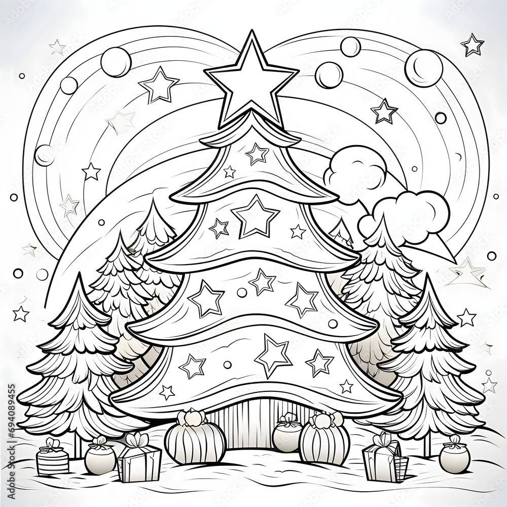 Christmas tree with stars, around gifts. Black and White coloring sheet. Xmas tree as a symbol of Christmas of the birth of the Savior.