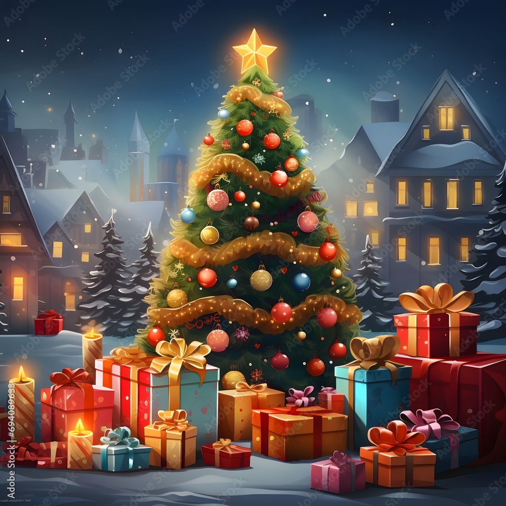 Illustration of a Christmas tree with colorful baubles around presents in the background of houses. Xmas tree as a symbol of Christmas of the birth of the Savior.