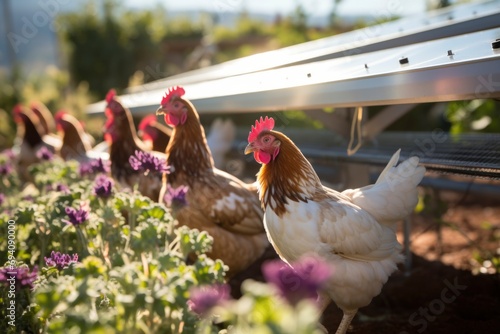 Modern farm, grazing chicken under solar panel system photo