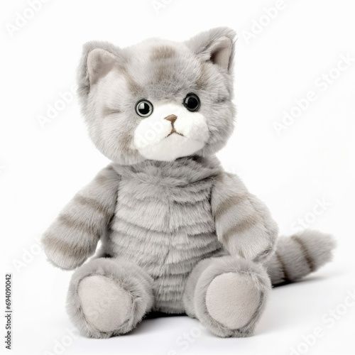 Plush Toy Gray Striped Tabby Cat Stuffed Animal on White Background