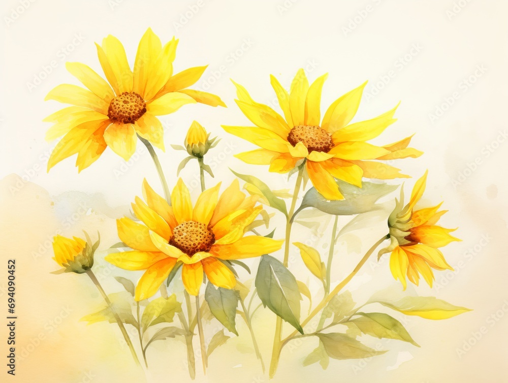 Minimalistic Superb Watercolor Illustration of Yellow Flowers AI Generated