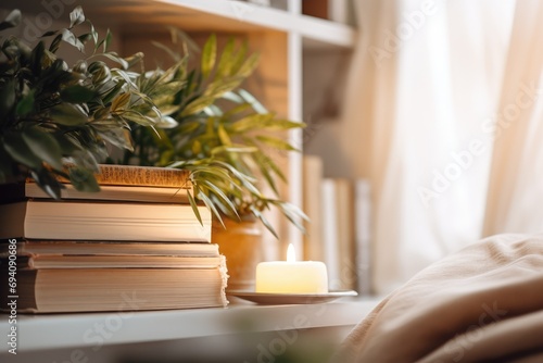 Wellness at Home - A cozy corner with plants, books, and wellness items, appealing to a young audience - AI Generated